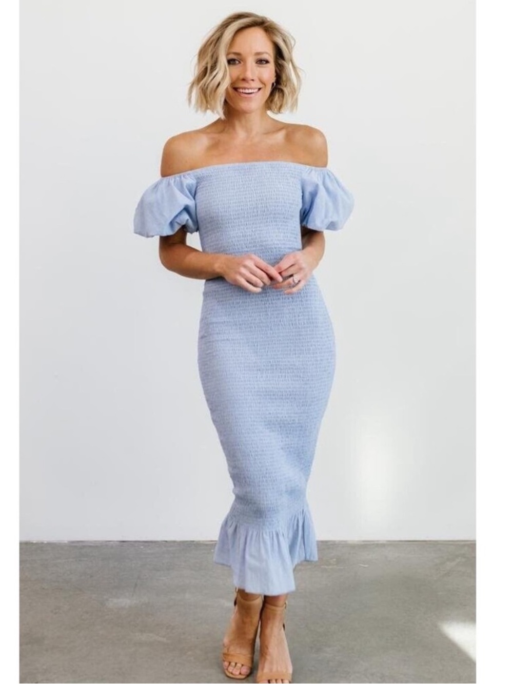 Baltic Born Alana Pale Blue Off-Shoulder Smocked Midi Dress Woman’s Medium